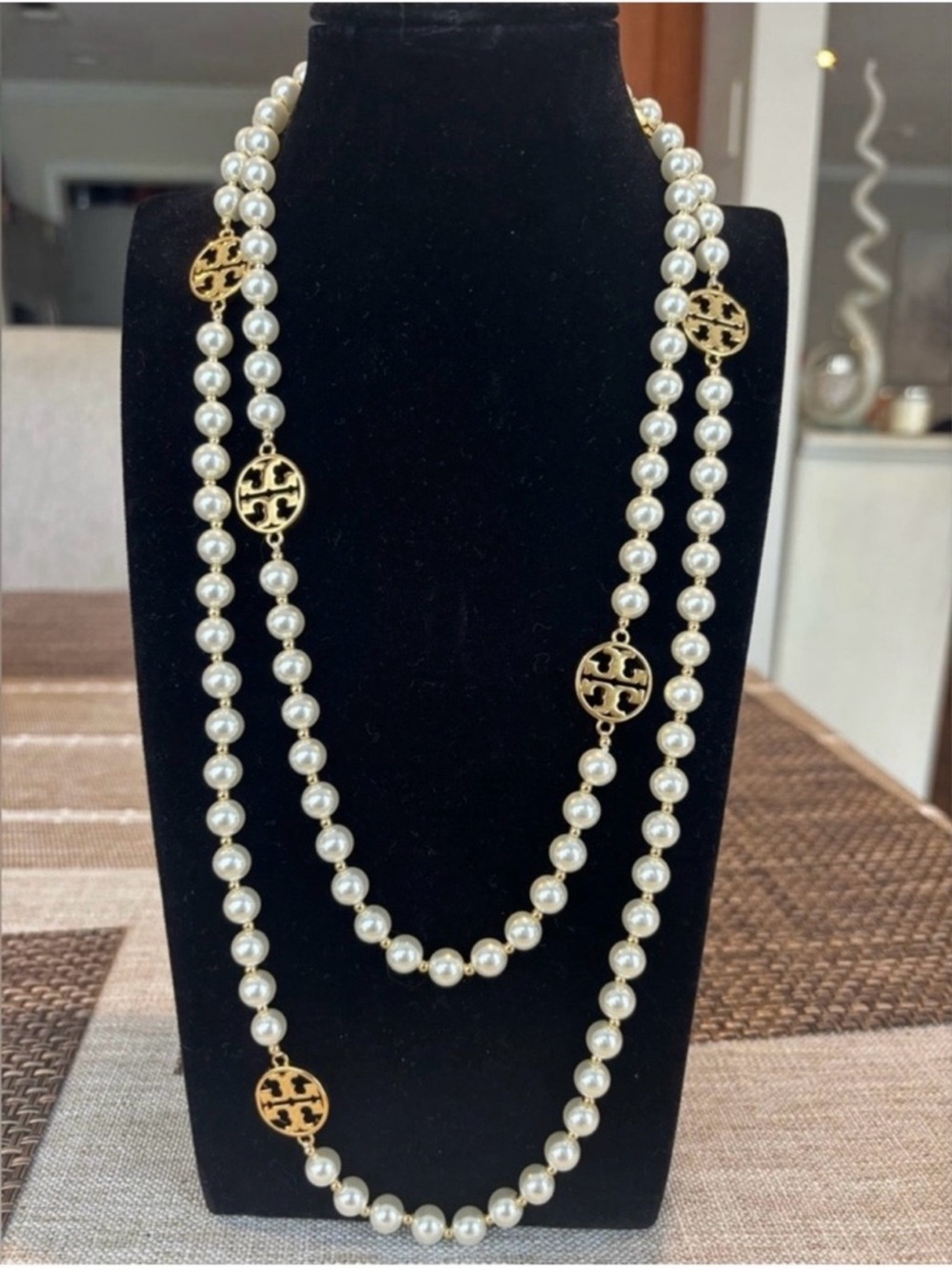 Tory Burch Double-Strand Faux Pearl Necklace with Gold Logo Discs - White & Gold